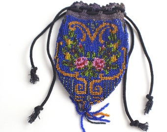 FOR BEADING Victorian 1800s Beaded Reticule | Antique Blue Glass Bead Bag | Small Vintage Purse w/ Floral Beading Motif, Drawstring Handbag