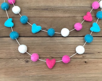 Valentine's Day #6 Felt Ball Garland- Pink, Aqua, Heart, White - Party, Holiday, Mantle Decor- Pom Pom