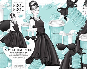 Breakfast at Tiffany Clipart Mint Fashion Illustration Audrey Hepburn Print Watercolor Planner Girl Stickers Coffee Clip Art Little Blue Box