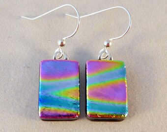Multi Colored Dichroic Fused Glass Dangle Earrings, Fused Glass, Fused Glass Earrings, Glass Earrings, Dichroic Earrings, Dichroic, Colorful