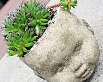 Large Head Planter - Handmade Unique Concrete / Cement Grey Baby Doll Head Plant Pot - Drainage Hole Option - Succulent Terrarium Garden