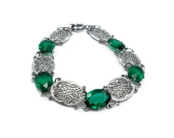 Art Deco Emerald Glass Filigree Bracelet - Silver Rhodium Plated, Green Glass, Art Deco Jewelry, Antique Bracelet, May Birthstone,