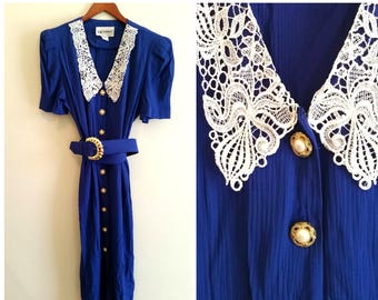 lace collar dress 1980s secretary dress peter pan collar dress vintage blue dress vintage collar dress white lace collar women's large