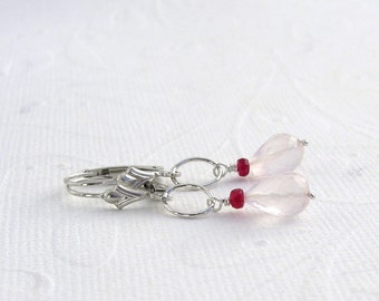 Rose Quartz Earrings with ruby, 925 sterling silver, Klappbrisur, lever back,