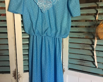 Vintage baby blue and white print dress