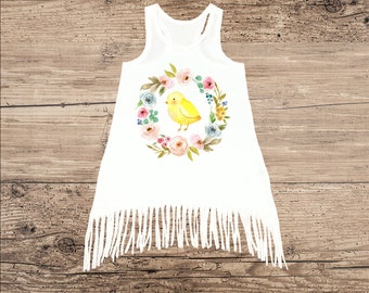 Fringe Dress for Baby, Toddler Dress, Easter Chick Flower Wreath