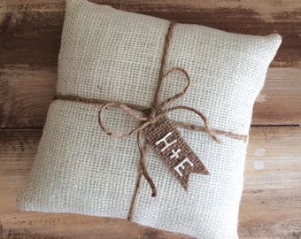 Off White Burlap Ring Bearer Pillow With Jute Twine and Burlap Tag- Personalize With Initials or wedding date- 3 Sizes-Rustic