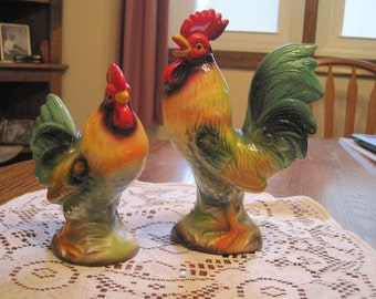Vintage Pair Ceramic Chicken & Roosters 1950