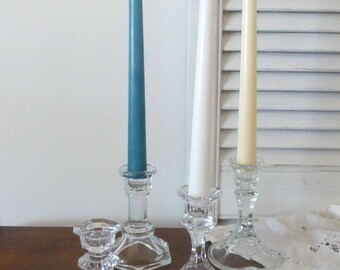 Vintage Mismatched Set of Clear Glass Candlestick Holders