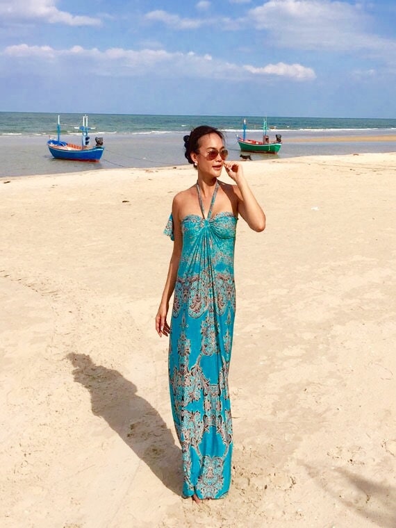 Aqua green printed halter or strapless long maxi dress All