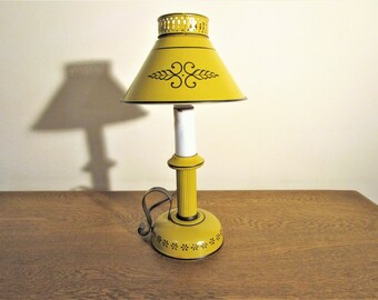 Vintage French Country Tole Lamp - Sunny Yellow Accent Lamp - Desk Lamp - Bedroom Lamp -Toleware Lamp - Metal Shade - Cottage Decor
