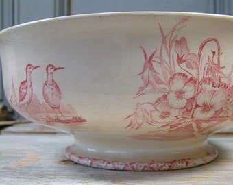 Antique french ironstone rose transferware footed salad serving bowl. BADONVILLER. 1890-1910. Rose red transferware. French transferware.