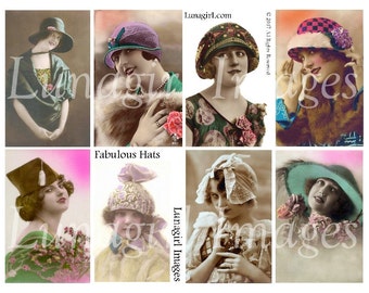 FLAPPERS HATS digital collage sheet, vintage women girls 1920s fashions, bright tinted postcards vintage photos Ladies art ephemera DOWNLOAD