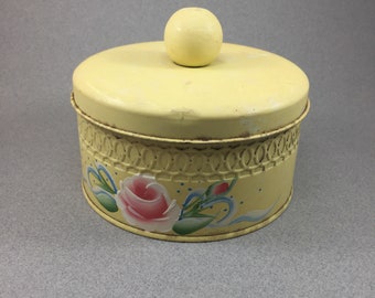 Butter Yellow Hand Painted Floral 6" Diameter Tin Cannister