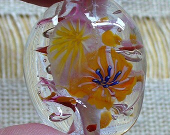 Lampwork beads/SRA lampwork/beads/focal/murrini/flowers/pink/yellow/