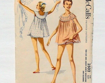 Vintage 1959 McCall's Junior Shortie Nightgown & Bloomers Sewing Pattern #3502 - Sz 11 (Bust 29) - Baby Doll Nightie