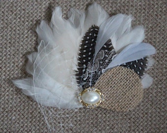 Feather and burlap bridal hair piece