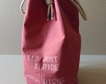 Handmade drawstring duffel bag, Enjoy the ride, It's Just a ride, Bill Hicks stencilled quote, Floyd T. Dunnit's, Blue Magic Workshop
