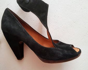 Vintage suede black heels with ankle straps- size 38
