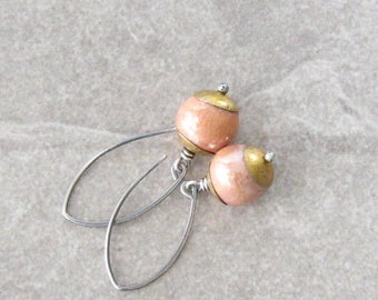 blush pink dangle earrings, kazuri and silver dangle earrings, rustic dangle earrings, mixed metal earrings