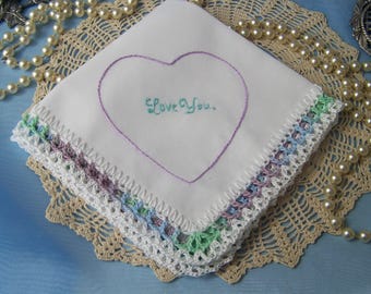 Embroidered Handkerchief, Lace Hanky, Hand Crochet, Personalized, Embroidered Heart, Love you, Colorful Gift, Lacy, Ready to ship