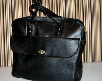 Vintage Black Faux Leather Satchel, Man Bag, Tote or Overnight Bag