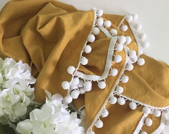 Pompom linen blanket, mustard blanket white pompoms, baby linen blanket