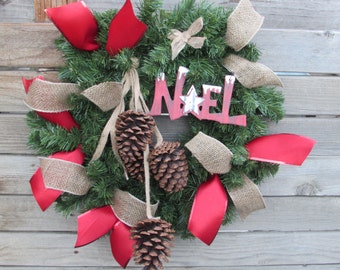 22" Christmas Wreath Noel Wreath Greenery Wreath Pine Cone Wreath Red Burlap Wreath Rustic Christmas Wreath Christmas Door Decor