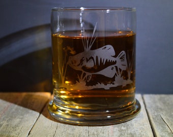 Hand Made Etched Whiskey glass- A Fish in Weeds Springtime A must Have!!