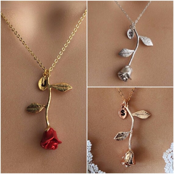 Original Red Rose Necklace Gold Rose Beauty and the Beast