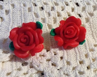 Red Poly Clay Flower Post Earrings
