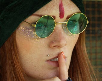 60's 70's round green lense John Lennon sunglasses with gold frames hippie