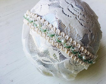 Gracelyn - Mint Cream Lace Headband - Vintage Inspired - Pearls - Girls Newborns Baby Infant Adults