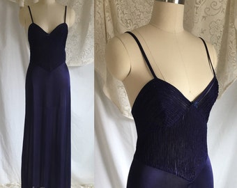 Vintage 1970's Nightgown | Silky Blue Polyester | 70's does 40's Slip Dress | Size XSM/SM