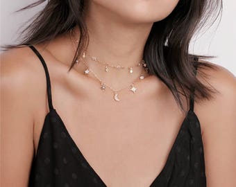 Dainty Gold Layering Star & Moon Dangle Choker Necklaces - Star moon Necklace - Bohemian Jewelry - Trendy Choker - Festival Jewelry