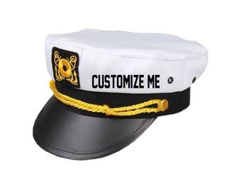 CUSTOM TEXT Captain Hat- Black White Gold Skipper Hat- Yacht Sailor Customize or Personalize Sailor Captain Adjustable Snapback Hat- Skipper
