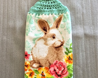 BUNNY And FLOWERS Eztra Plush Double Layer CROCHET Towel, hanging towel, wildlife, Easter bunny, bunny lover gift, housewarming gift, teal