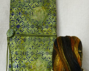 Green batik knitting needle case with zippered pockets, knitting notions organizer, batik knitting needle roll, interchangeable needle case.