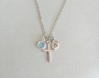 Personalized Cross Necklace, Religious Necklace, Baptism Necklace, Initial Necklace, First Communion Gift, Catholic Necklace, Hand Stamped