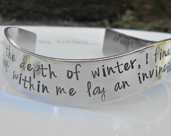 Albert Camus Bracelet|Invincible Summer|Depth of Winter|Gifts for Her|Survivor Jewelry|Albert Camus Jewelry|Friend Gift|Hand Stamped Cuff