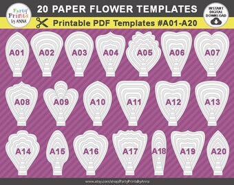 20 PDF Paper Flower Templates, 20 printable templates A01-A20, diy Giant large Paper Flower Petal Templates, molde de flores de papel