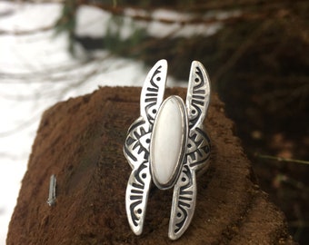 Sterling Silver Warrior Goddess Ring with White Buffalo Turquoise