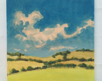 Original Landscape Painting on canvas 8x8 Clouds Hills Sky California