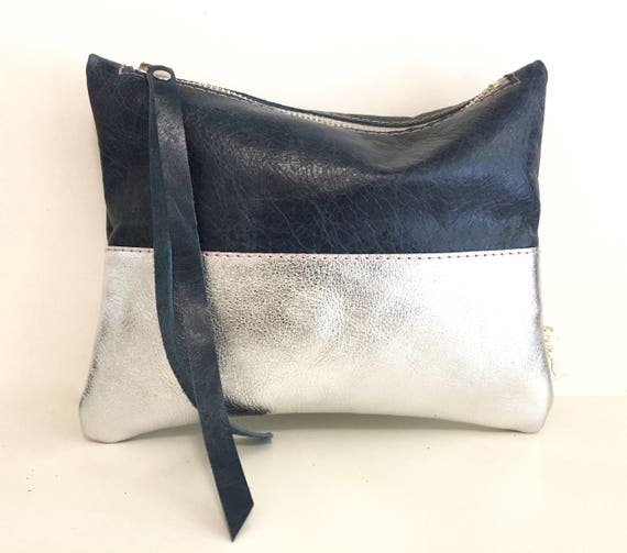 Leather pouch silver, silver leather purse, small leather bag silver