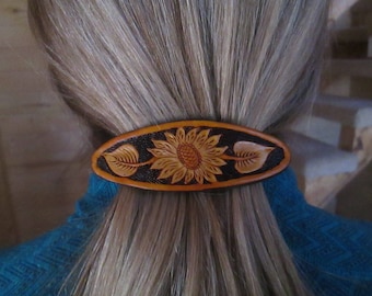 Carved leather sunflower hair clip