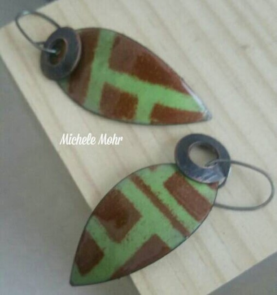 Pea Green and Brown Abstract Enamel Copper Leaf Earrings with Oxized Sterling Silver Ear Wires