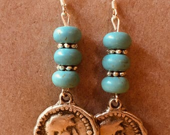 Howlite earrings with silver coin charm