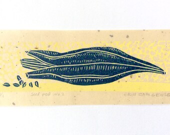 mini linocut - SEED POD // printmaking // block print // nature art // blue, yellow // original art // small, miniature // seeds // 2x5