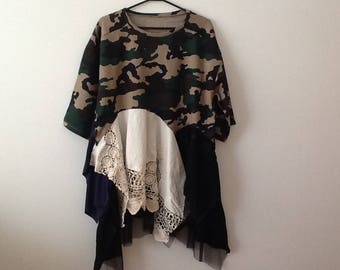 Urban Chic Camo Sweatshirt Tunic Upcycled Clothing Refashioned Boho Shabby Funky Unique Lagenlook Top. Women's Plus Size 2x to 3x.