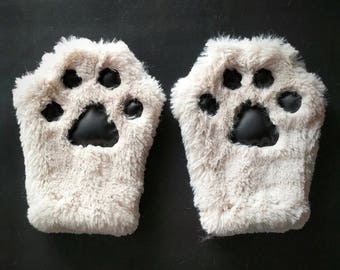 Cream Cat Paw Gloves for kids and adults, Hand Sewn Fur Mittens